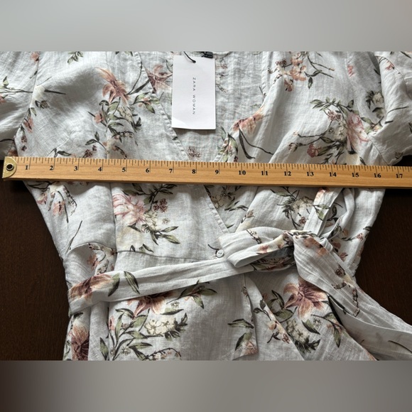 Zara 100% Linen Floral Peplum Wrap Top Sz S Tie Waist Flutter Flare Sleeves NWT| - Picture 12 of 13